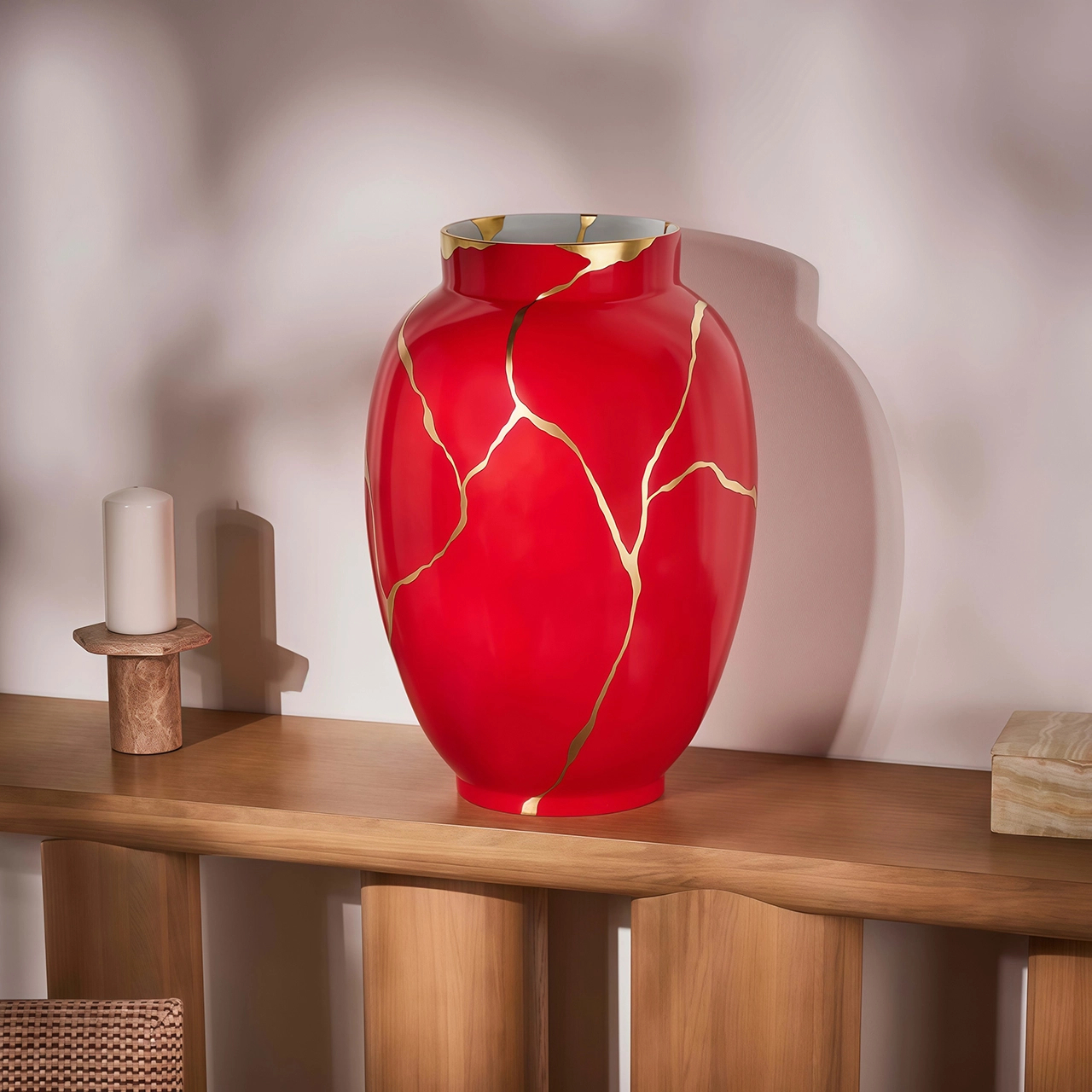 Ваза для цветов KINTSUGI 57 см фарфор красная с золотом – 2