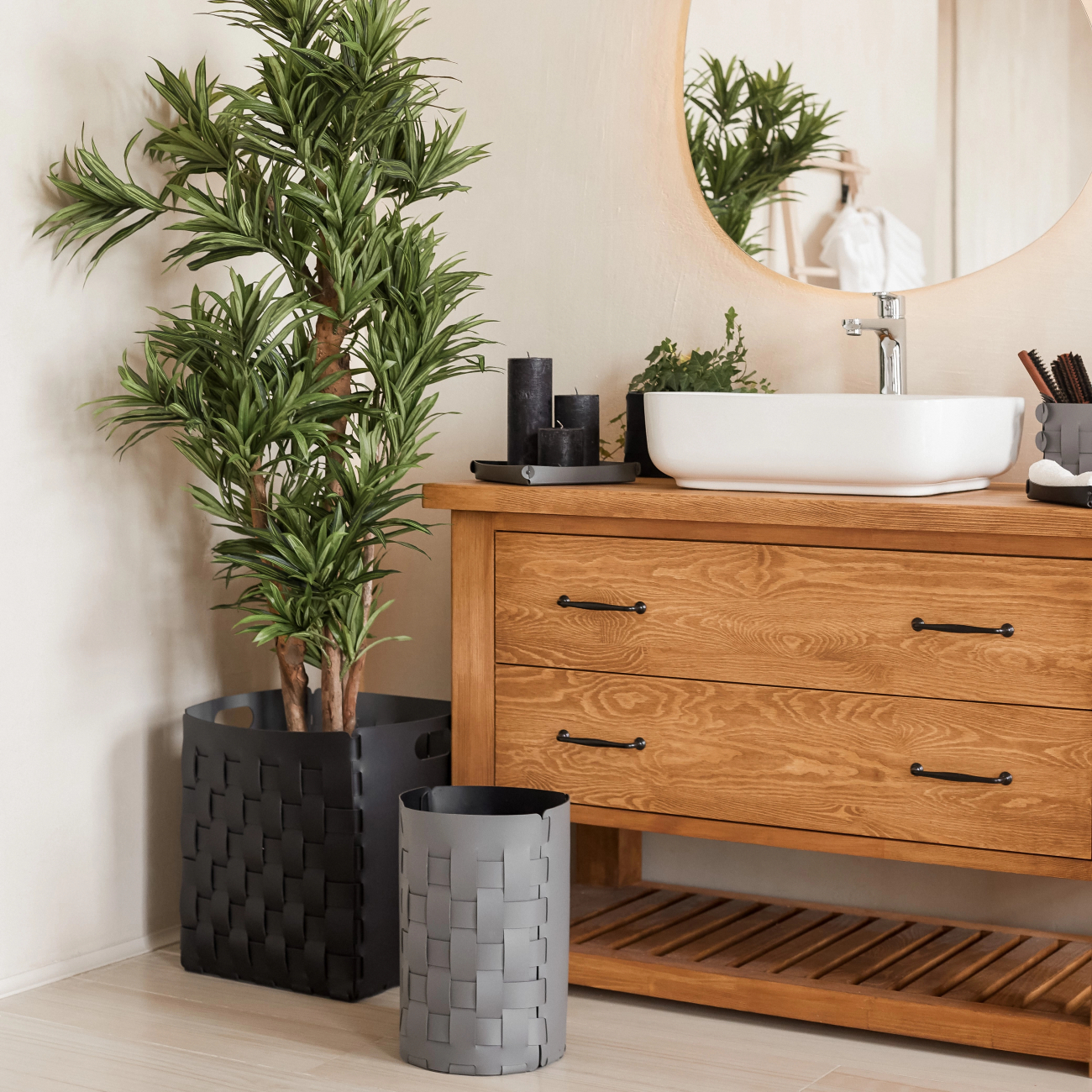 Корзина BOTTEGA круглая 40 см серая, кожа ADJ 1050.03.TS30