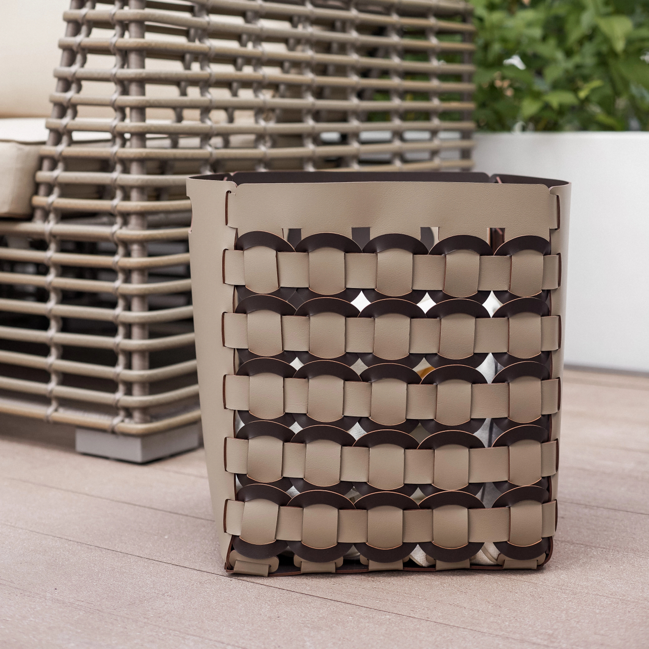 Корзина GEOMETRIA 35x35 круглое плетение, капучино, кожа ADJ 3047R.04.TS30