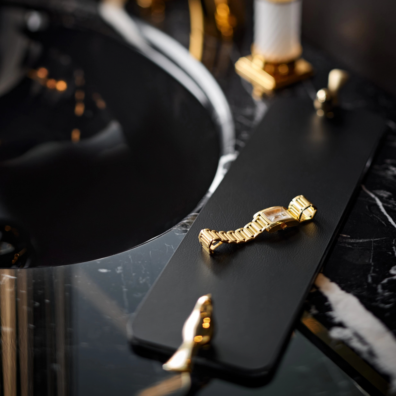 Поднос BIRD 33х10 см чёрный, кожа, золото ADJ 3310B.01.O