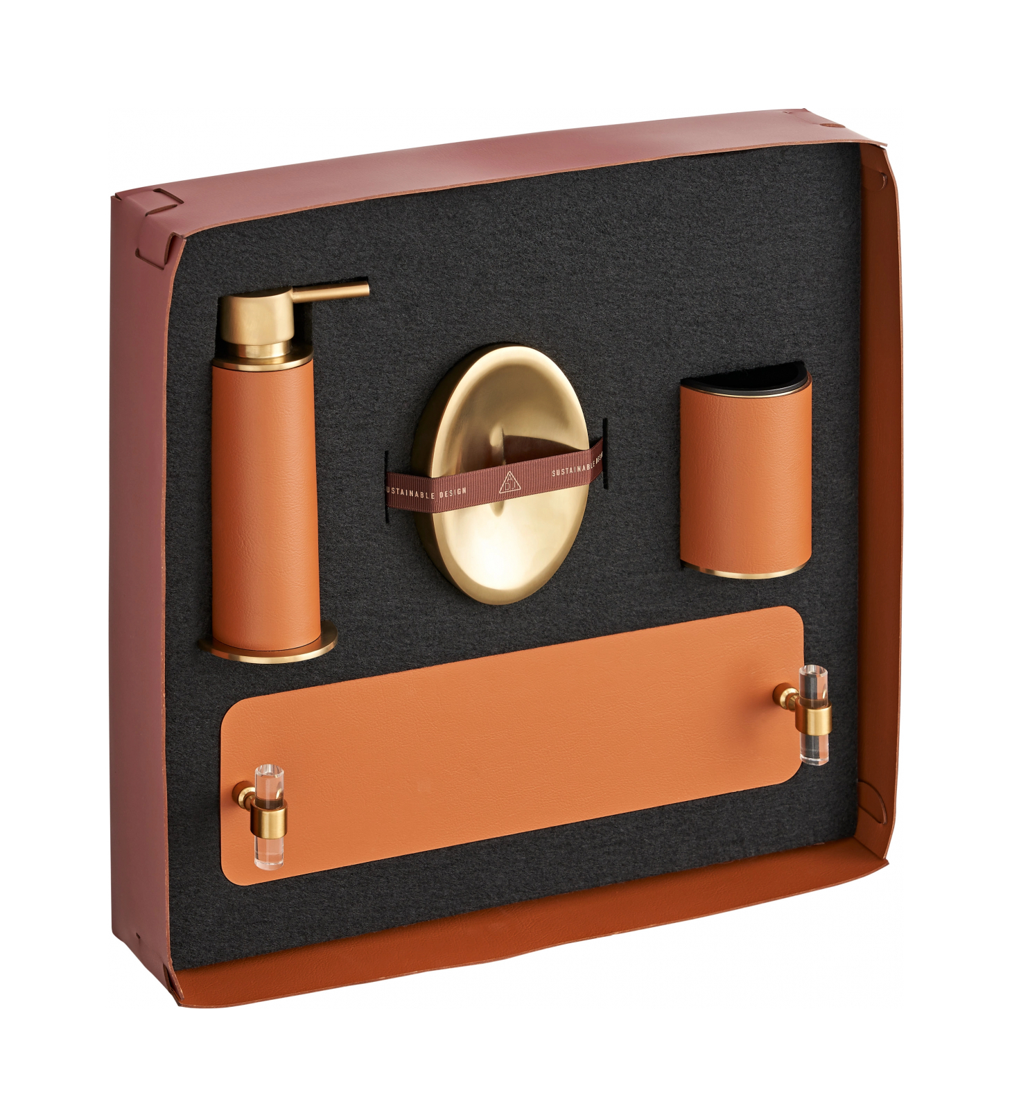 Поднос LINFINITO 33х10 см коньяк, кожа, золото ADJ 3310L.09.O