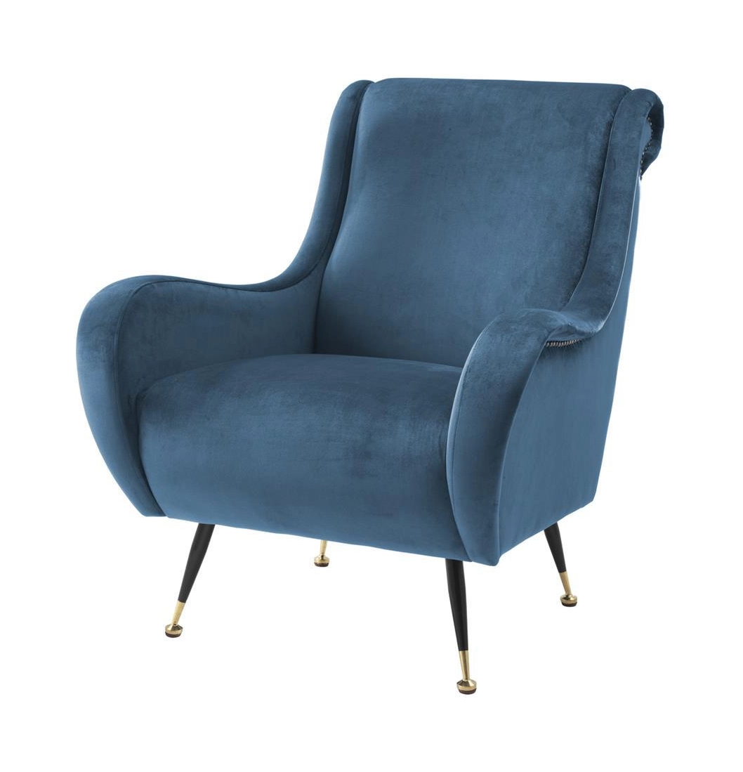 Кресло GIARDINO синий бархат, чёрные ножки с латунной отделкой