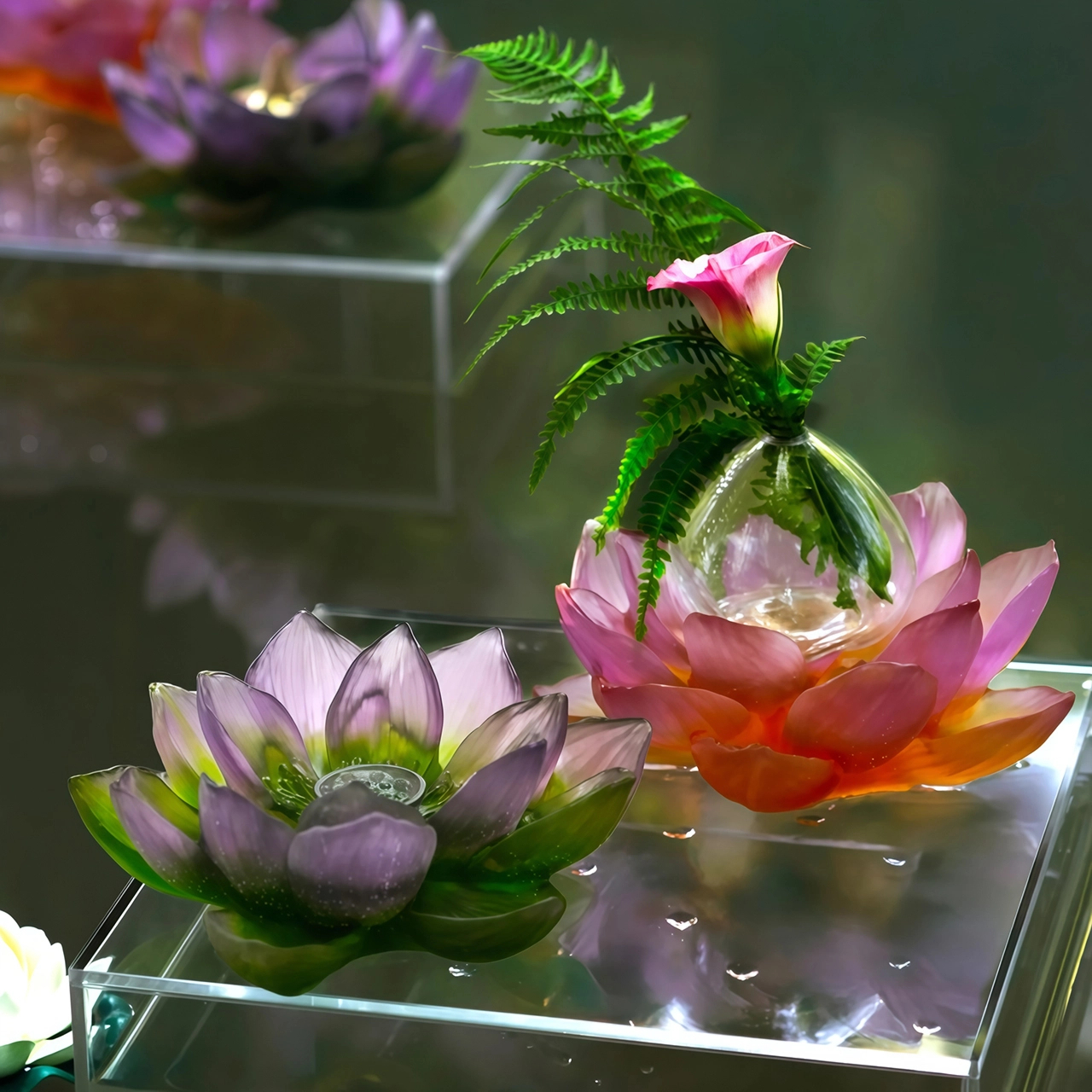 Декоративный цветок JARDIN DE LOTUS 20 см хрусталь фиолетово-зеленый Daum 05871-1