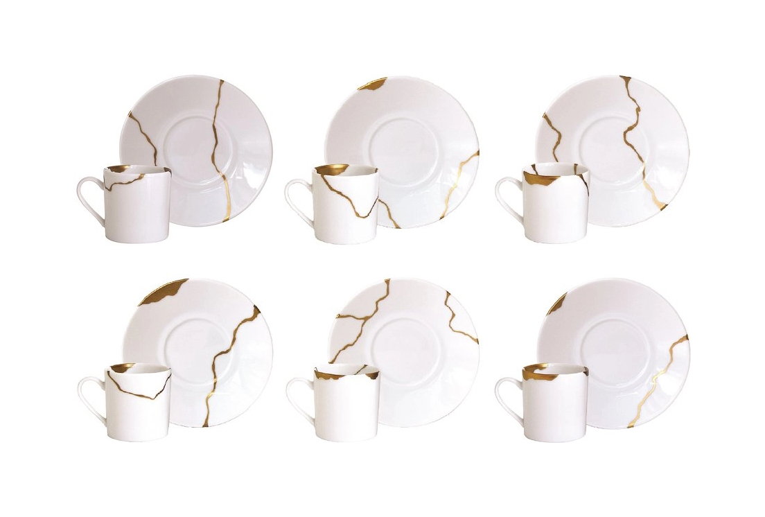 Набор из 6-и кофейных чашек с блюдцами Kintsugi 80 мл белые, фарфор